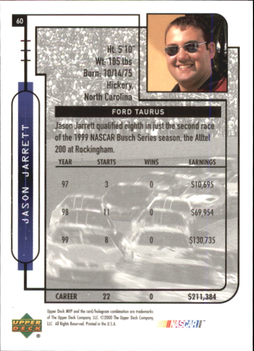 2000 Upper Deck MVP #60 Jason Jarrett's Car back image