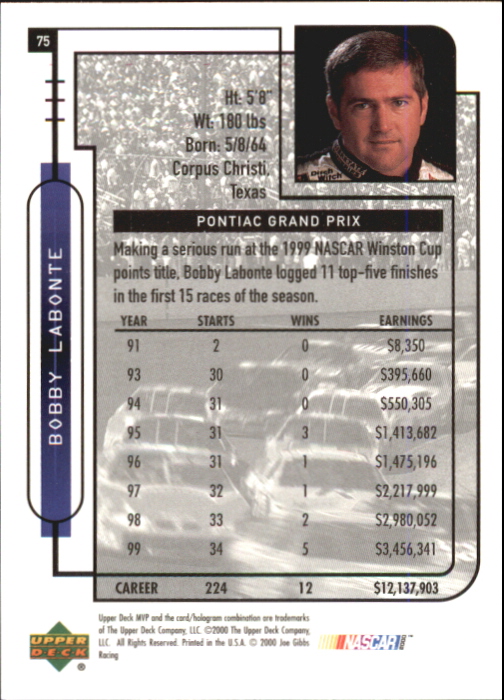 2000 Upper Deck MVP #75 Bobby Labonte's Car back image