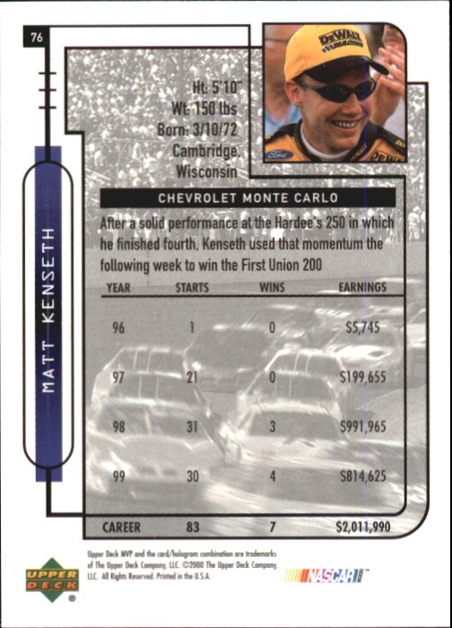 2000 Upper Deck MVP #76 Matt Kenseth's Car back image