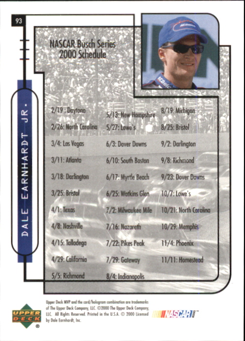 2000 Upper Deck MVP #93 Dale Earnhardt Jr. back image