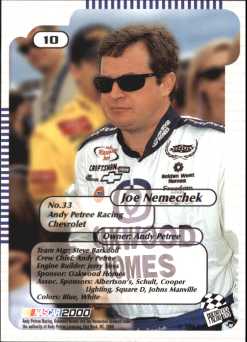 2000 Press Pass Trackside #10 Joe Nemechek back image