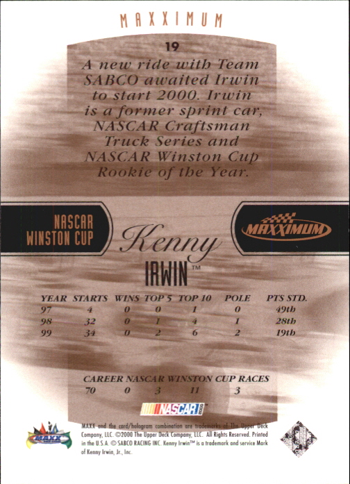 2000 Maxximum #19 Kenny Irwin back image