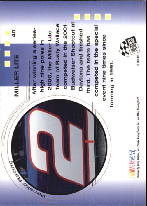 2001 Press Pass Trackside #40 Rusty Wallace's Car back image