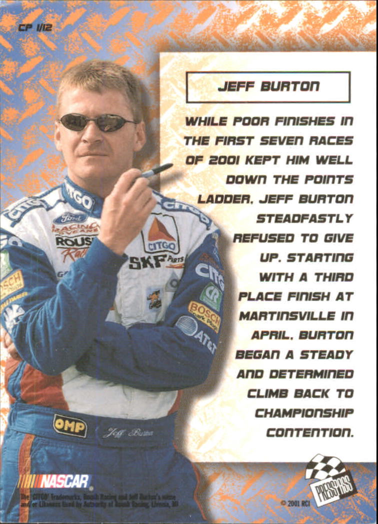 2001 Press Pass Optima Cool Persistence #CP1 Jeff Burton back image