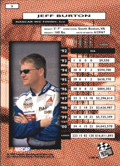 2001 Press Pass #3 Jeff Burton back image