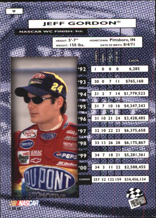 2001 Press Pass #9 Jeff Gordon back image