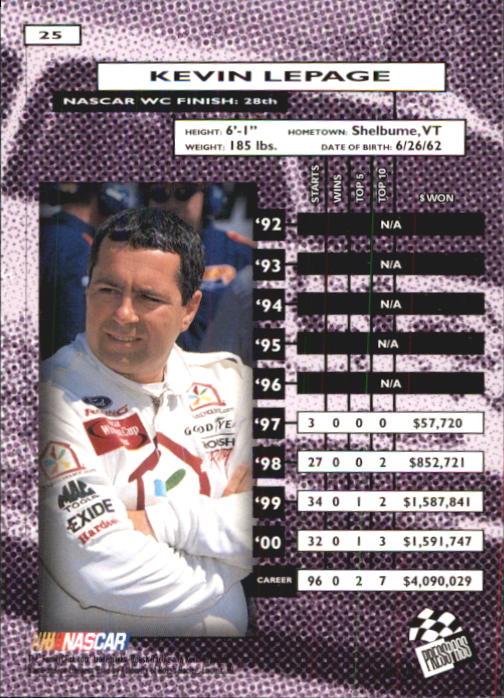 2001 Press Pass #25 Kevin Lepage back image