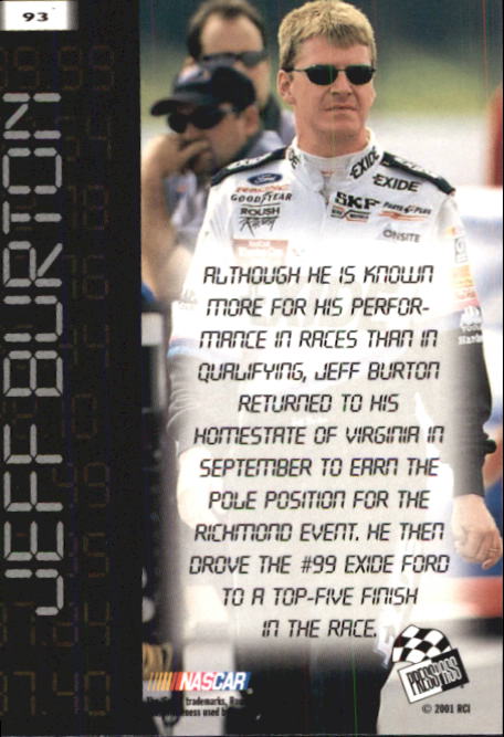 2001 Press Pass #93 Jeff Burton SO back image