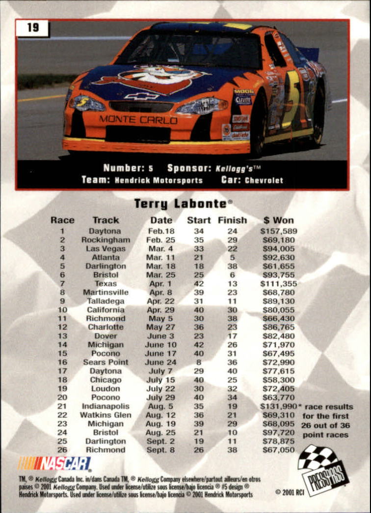 2002 Press Pass #19 Terry Labonte back image