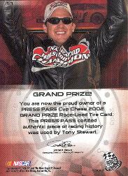2002 Press Pass Cup Chase Prizes #NNO Tony Stewart Tire back image