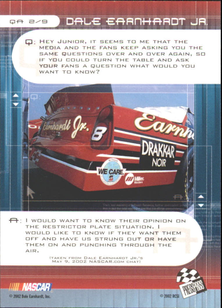 2002 Press Pass Optima Q and A #QA2 Dale Earnhardt Jr. back image