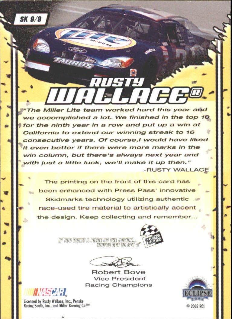 2002 Press Pass Eclipse Skidmarks #SK9 Rusty Wallace back image