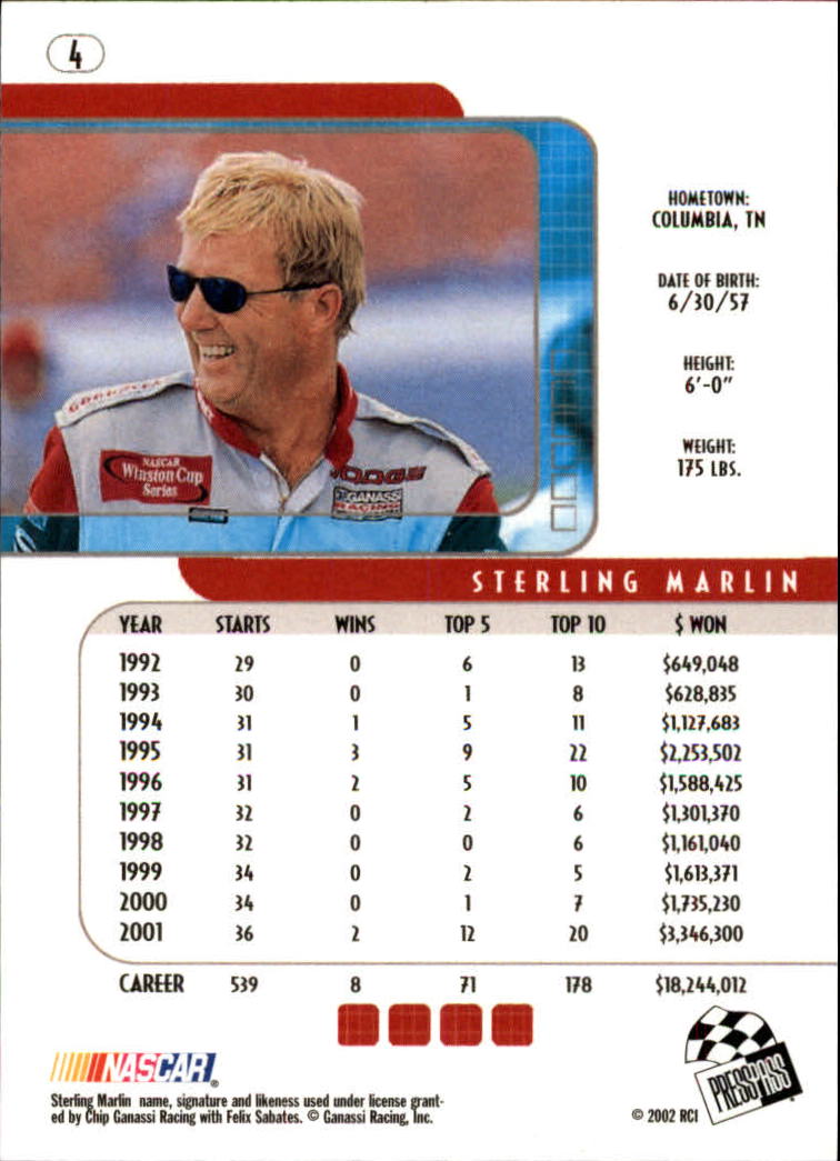 2002 Press Pass Eclipse #4 Sterling Marlin back image