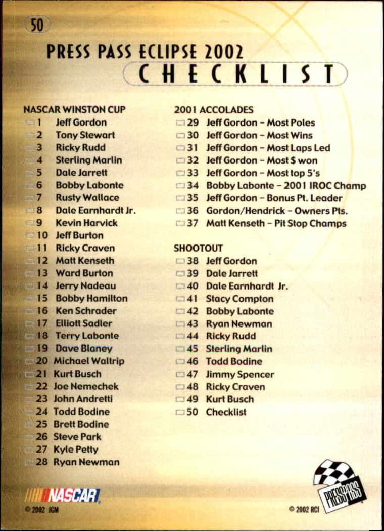 2002 Press Pass Eclipse #50 Checklist back image