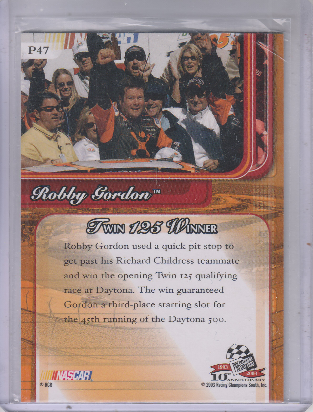 2003 Press Pass Premium Red Reflectors #47 Robby Gordon back image