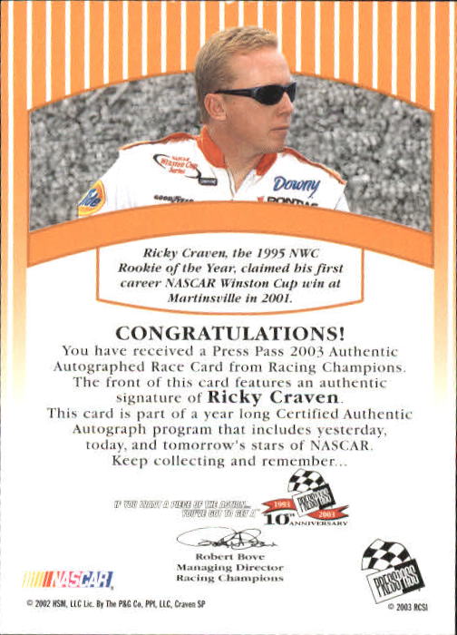 2003 Press Pass Signings #15 Ricky Craven O/P/S/T/V back image