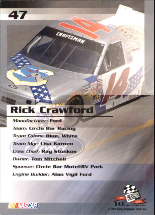 2003 Press Pass Trackside #47 Rick Crawford CTS RC back image