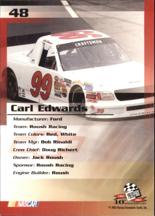 2003 Press Pass Trackside #48 Carl Edwards CTS RC back image