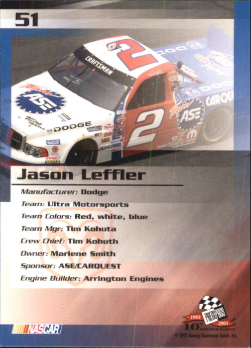 2003 Press Pass Trackside #51 Jason Leffler CTS back image