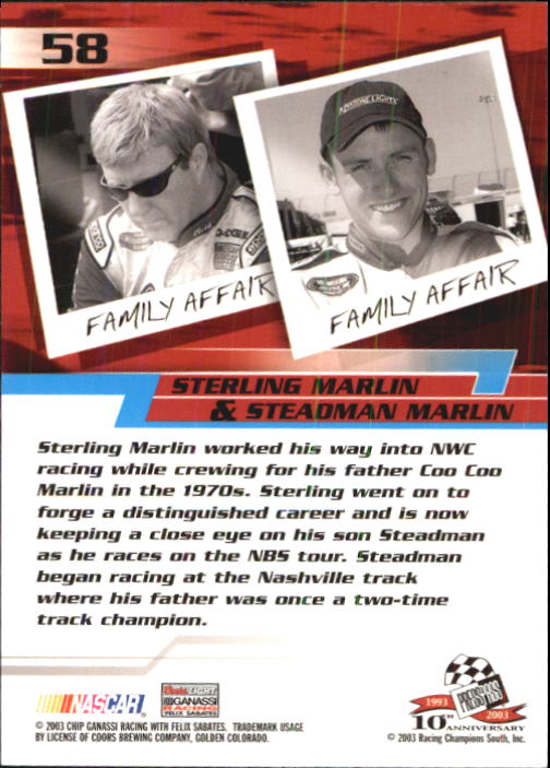 2003 Press Pass Trackside #58 Ster.Marlin/Stead.Marlin FA RC back image