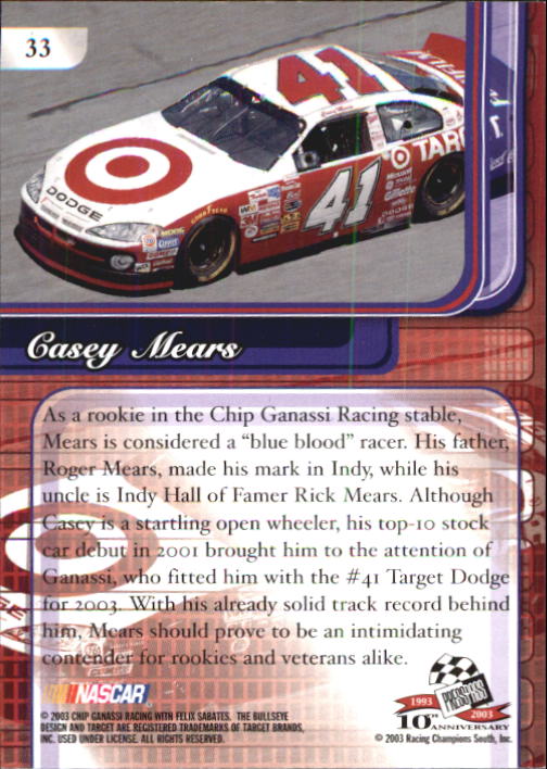 2003 Press Pass Premium #33 Casey Mears CRC back image