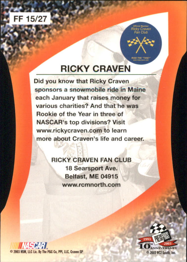2003 Press Pass Optima Fan Favorite #FF15 Ricky Craven back image