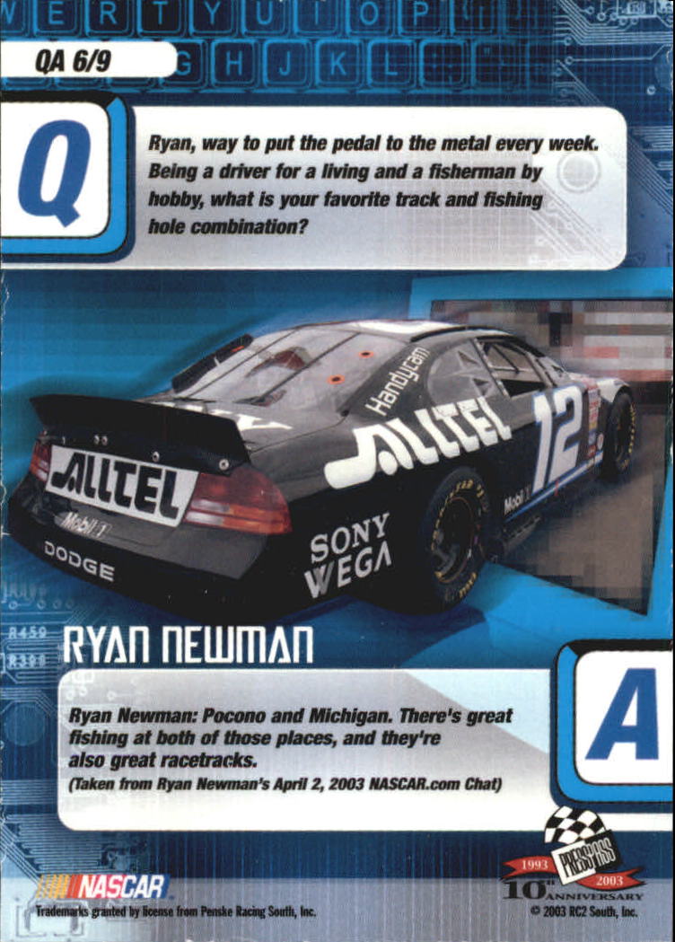 2003 Press Pass Optima Q and A #QA6 Ryan Newman back image