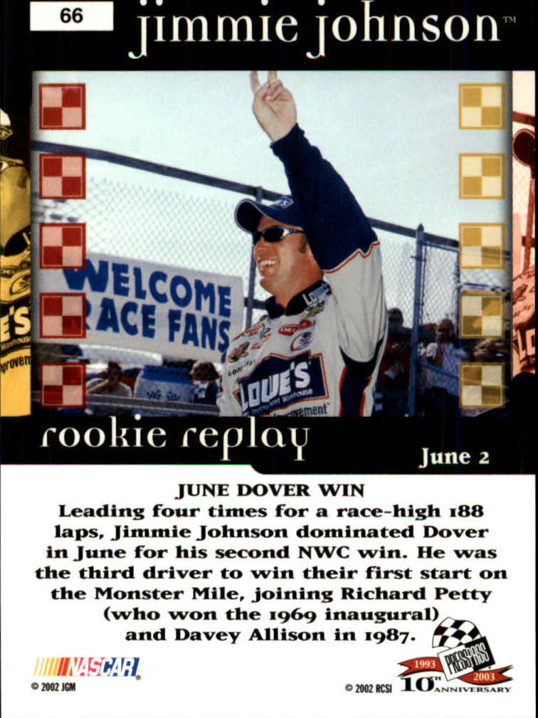 2003 Press Pass #66 J.Johnson Dover June RR back image