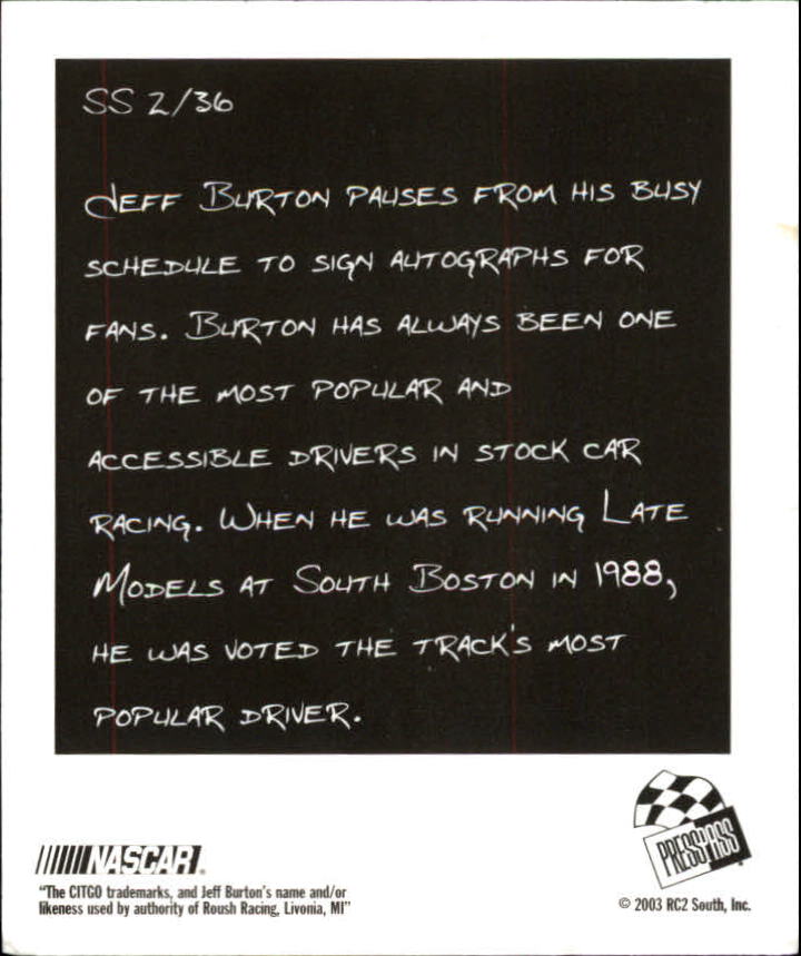 2004 Press Pass Snapshots #SN2 Jeff Burton back image