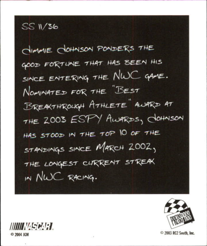 2004 Press Pass Snapshots #SN11 Jimmie Johnson back image