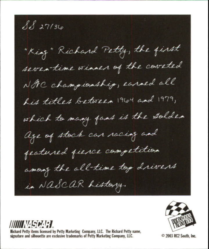 2004 Press Pass Snapshots #SN27 Richard Petty back image