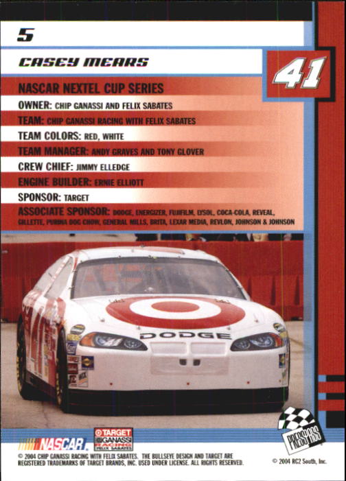 2004 Press Pass Trackside #5 Casey Mears back image