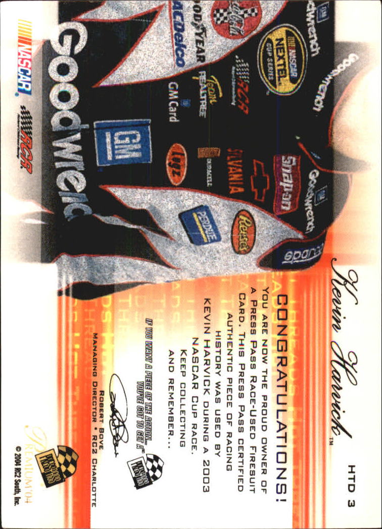 2004 Press Pass Premium Hot Threads Drivers Bronze #HTD3 Kevin Harvick back image