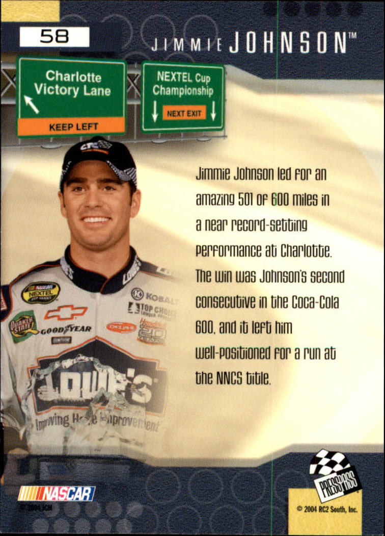 2004 Press Pass Optima #58 Jimmie Johnson's Car RV back image