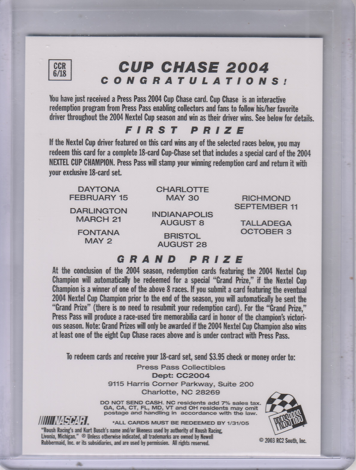 2004 Press Pass Cup Chase #CCR6 Kurt Busch back image
