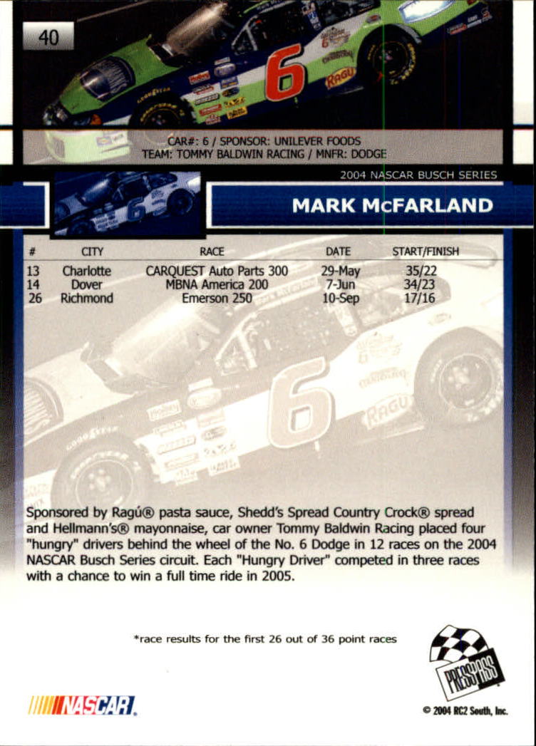 2005 Press Pass #40 Mark McFarland RC back image