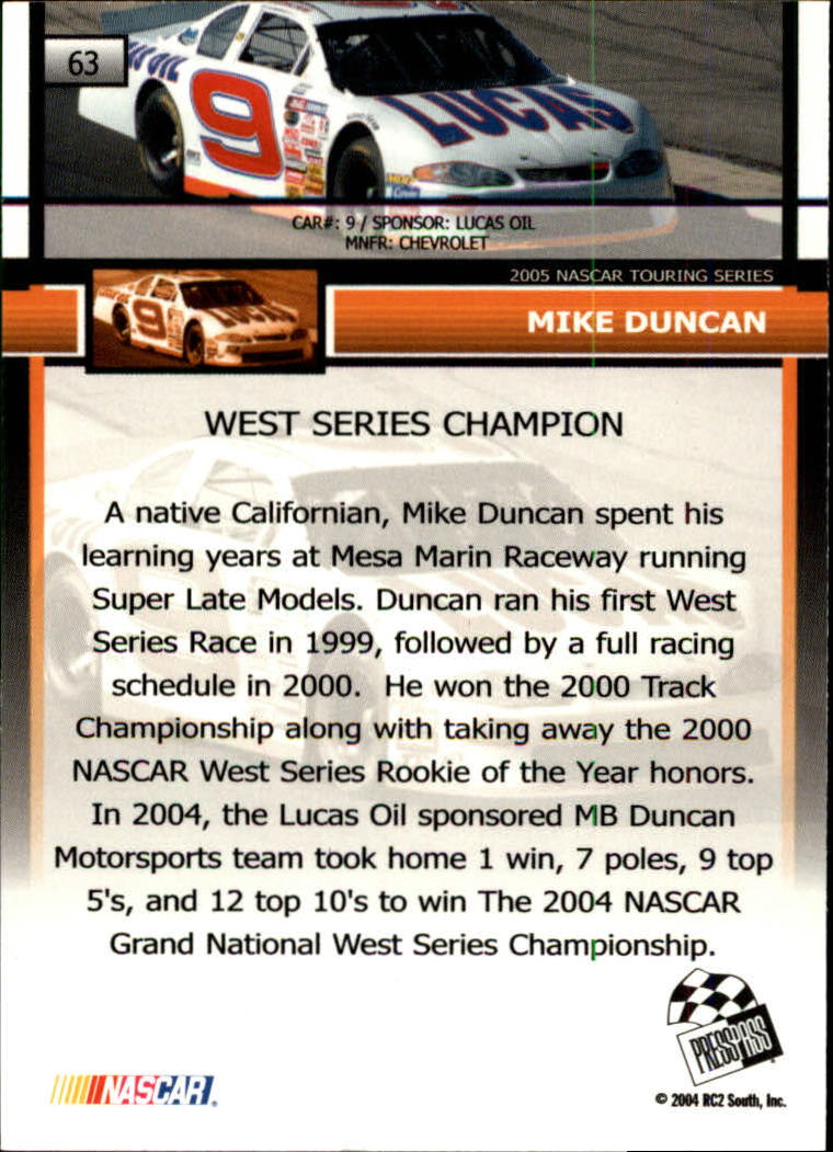2005 Press Pass #63 Mike Duncan RC back image