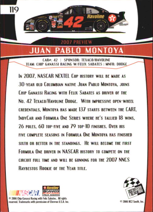 2007 Press Pass #119 Juan Pablo Montoya RC back image