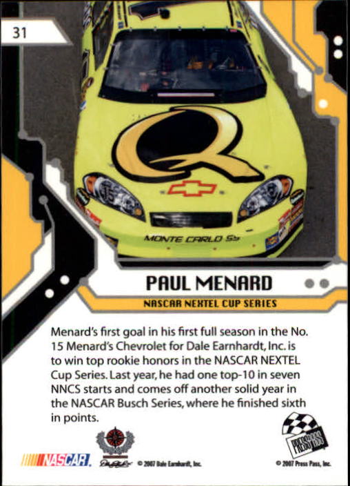 2007 Press Pass Stealth #31 Paul Menard CRC back image