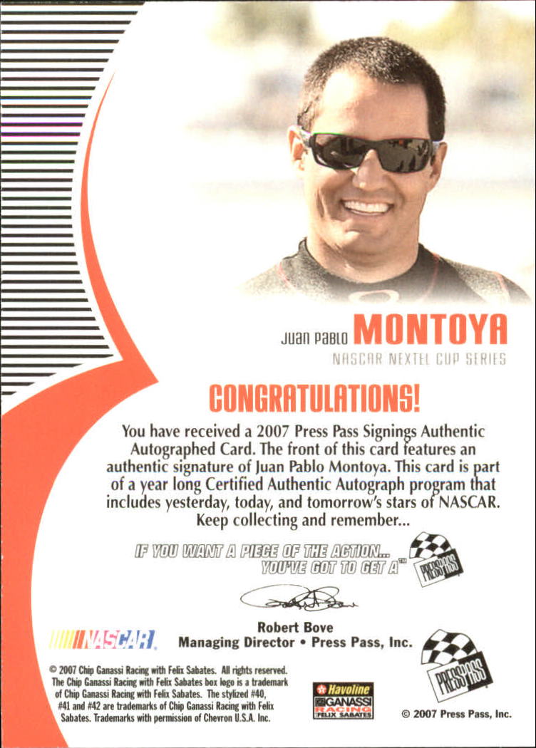 2007 Press Pass Signings Blue #21 Juan Pablo Montoya NC back image