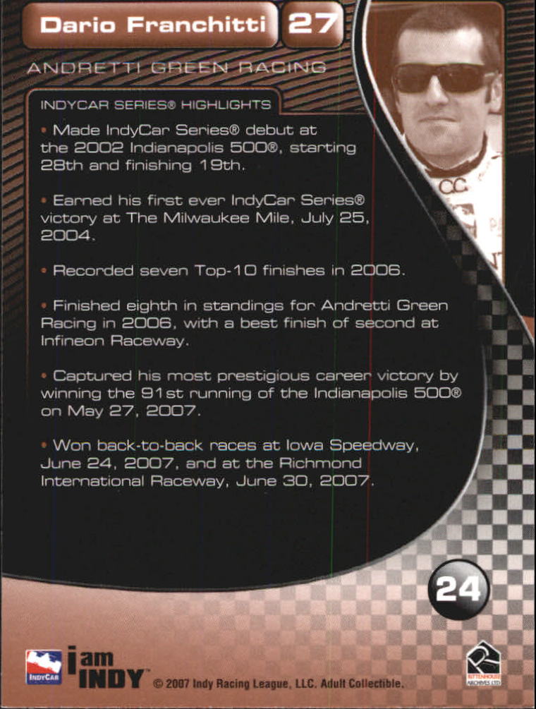 2007 Rittenhouse IRL #24 Dario Franchitti RC back image
