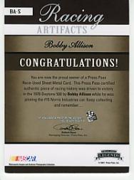 2007 Press Pass Legends Racing Artifacts Sheet Metal Bronze #BAS Bobby Allison back image