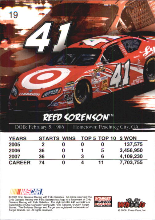 2008 Wheels High Gear #19 Reed Sorenson back image