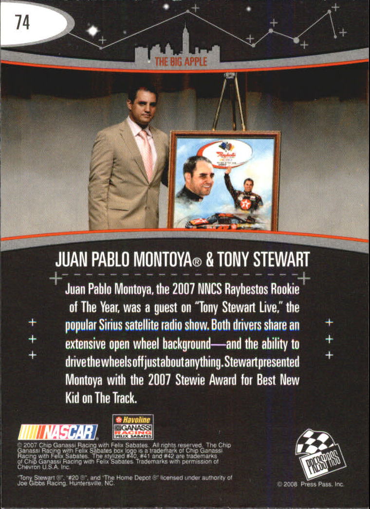 2008 Press Pass Eclipse #74 Tony Stewart/Juan Pablo Montoya SO back image