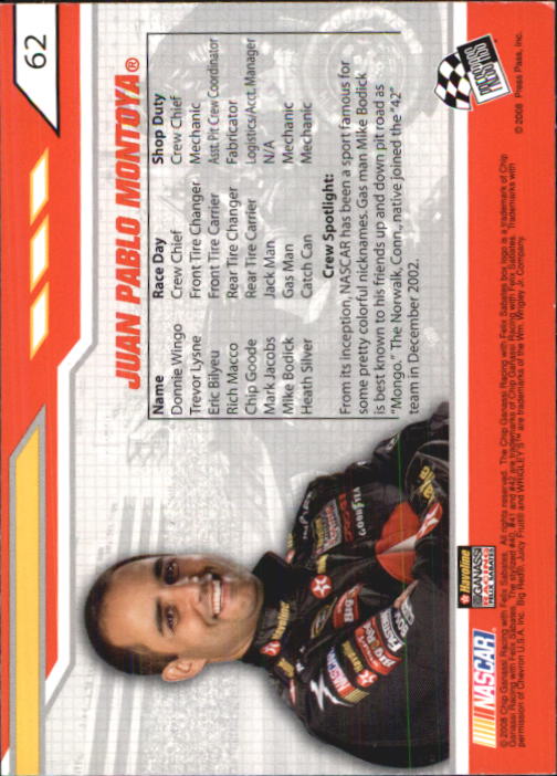 2008 Press Pass Stealth #62 Juan Pablo Montoya's Car GC back image