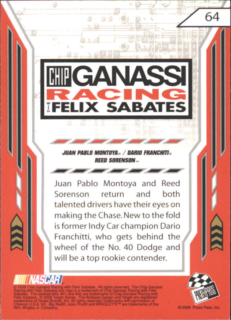 2008 Press Pass Stealth #64 Juan Pablo Montoya/Dario Franchitti/Reed Sorenson back image