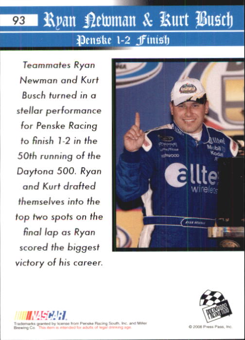 2008 Press Pass Speedway #93 Ryan Newman's Car/Kurt Busch's Car H back image