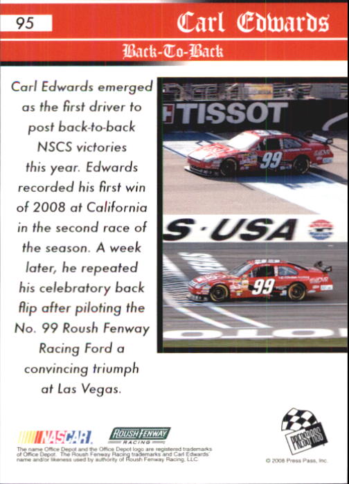 2008 Press Pass Speedway #95 Carl Edwards H back image