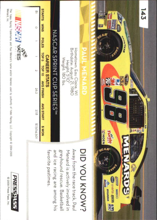 B2486- 2009 Press Pass Racing Card #s 1-218 -You Pick- 15+ FREE US SHIP - Picture 255 of 397