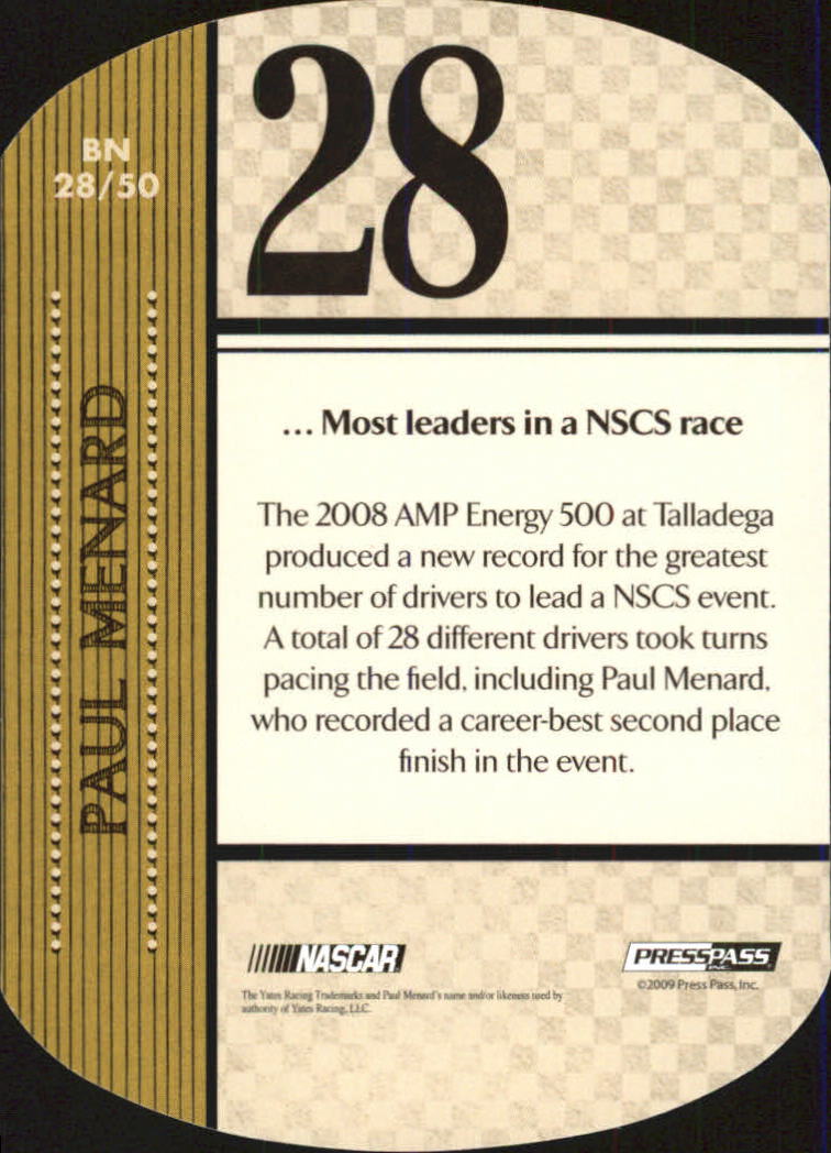 2010 Press Pass By The Numbers #BN28 Paul Menard back image